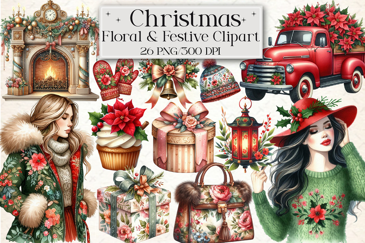 Floral & Festive Christmas Clipart, an Illustration by Libby Wishes (Photo 1 of 6)