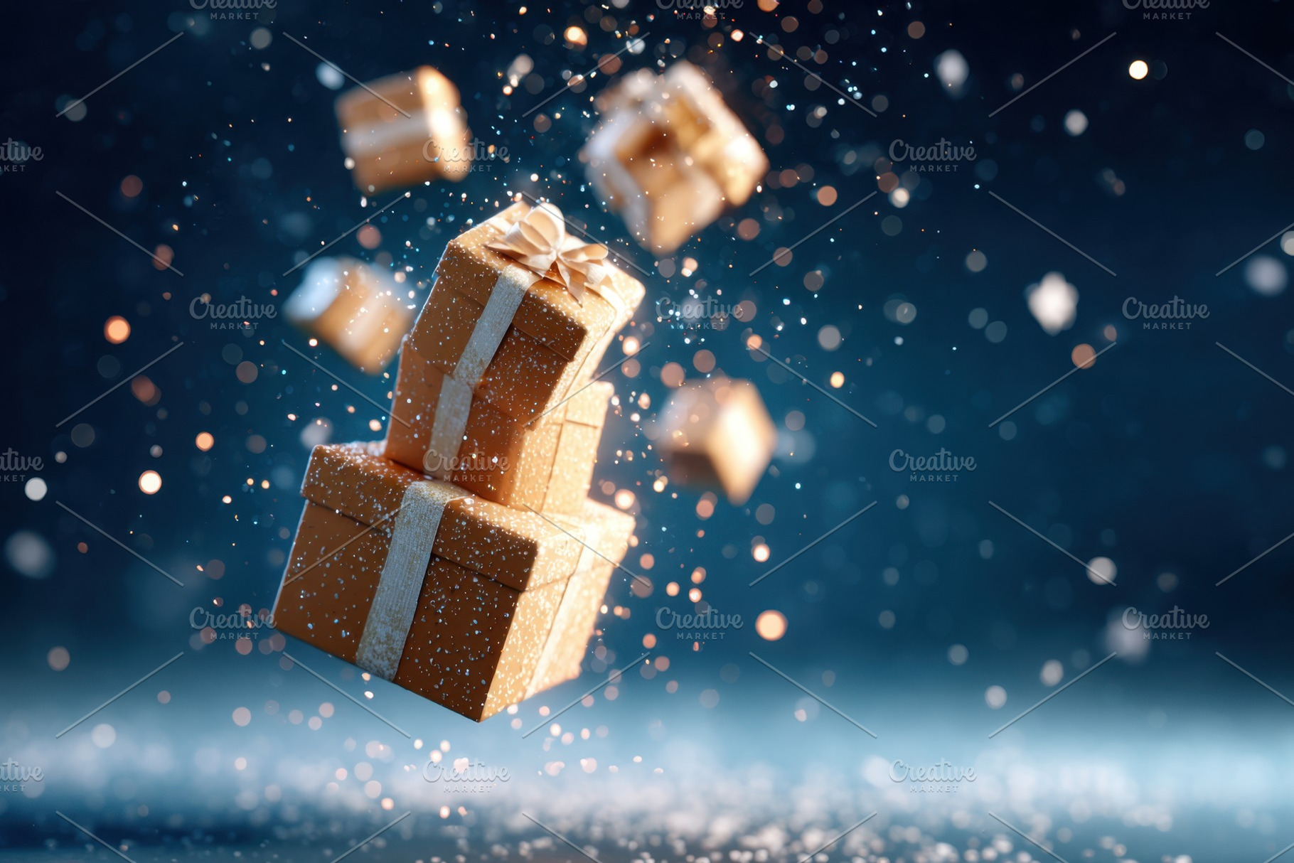 Floating festive gift boxes with sparkles, a Holiday Photo by AlyaAnd