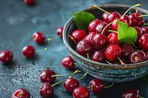 Fresh cherries in bowl on dark background, a Food & Drink Photo by AlyaAnd