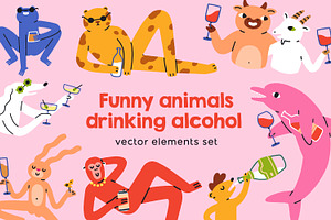 Funny animals drinking alcohol set