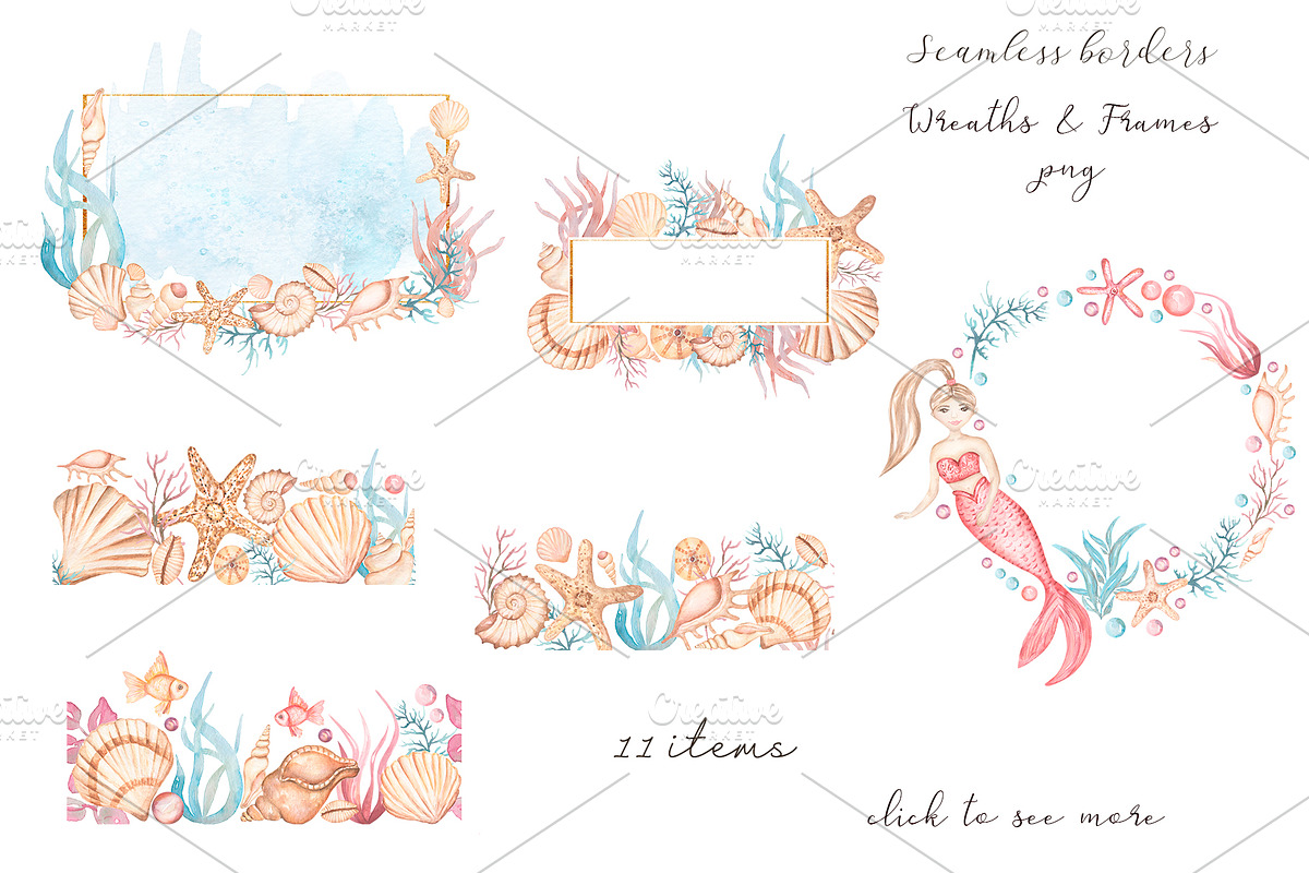 Watercolor Mermaid Collection, an Animal Illustration by MayaNavits (Photo 5 of 15)