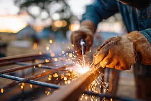 Worker welding metal rebar at sunset, an Industrial Photo by AlyaAnd