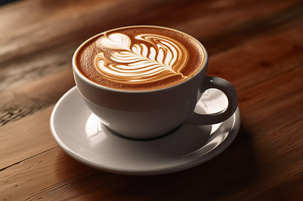 Cup of coffee with latte art in restaurant on wooden background. Generative AI, a Food & Drink Photo by AlyaAnd