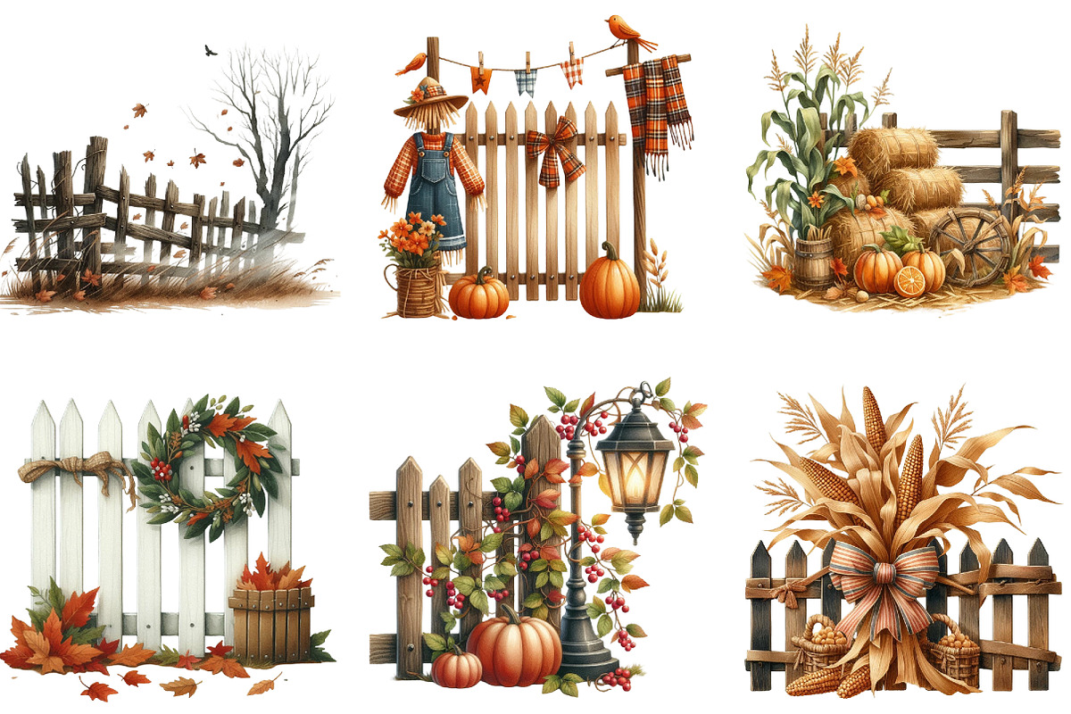 Watercolor Autumn Fence Clipart, a Seasonal Illustration by DreamArtGraphic (Photo 3 of 4)
