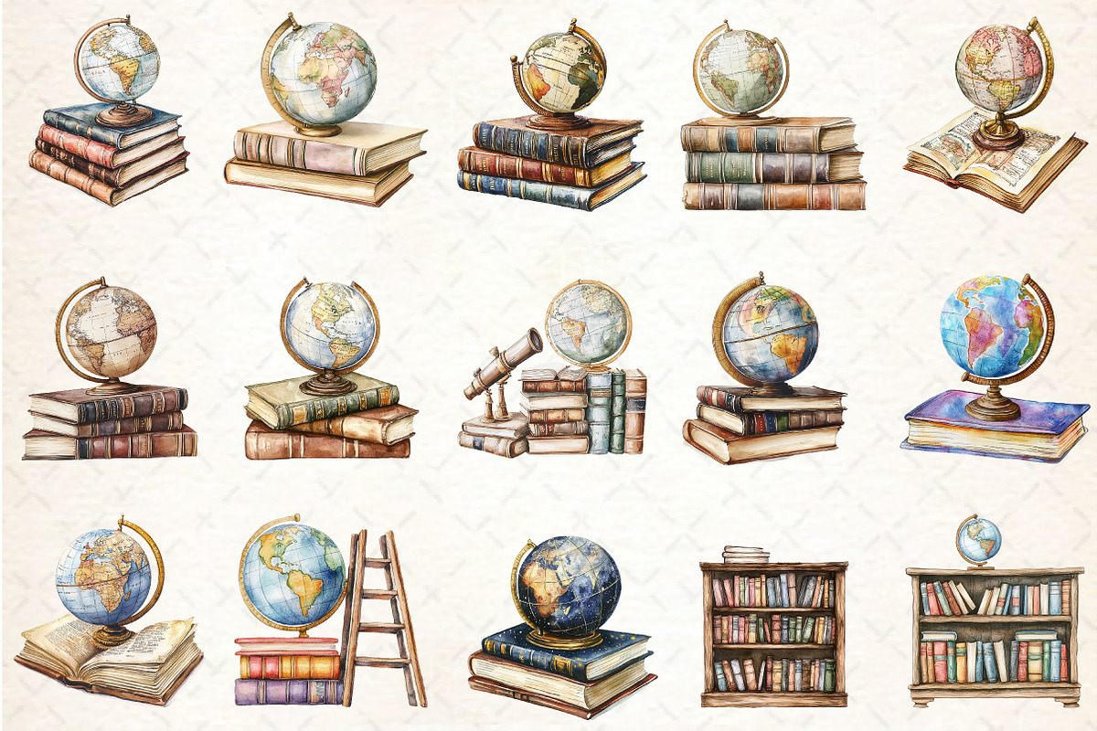 Old Globe on a Pile of Old Books Cli, a Seasonal Illustration by Rose Art (Photo 4 of 4)
