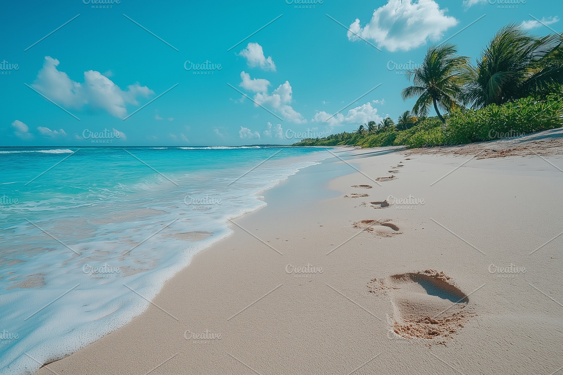 Tranquil beach scene with footprints trailing along the shore, surrounded by lu, a Background Photo by ImageMir