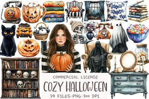 Watercolor Cozy Halloween Clipart, an Illustration by OK Design