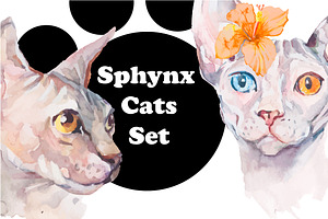 Watercolor Sphynx Cats Set