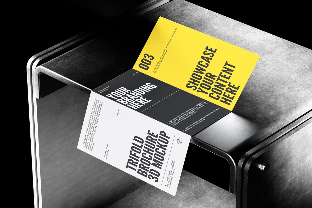 Trifold On Metal Desk 3D Mockup, an Advertising Mockup by graphicook (Photo 4 of 4)