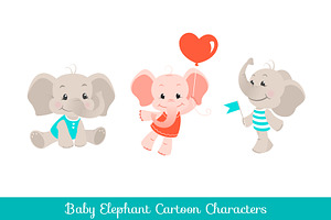 Baby elephant cartoon characters set