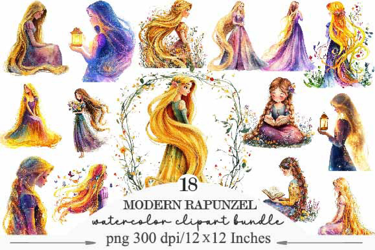 Watercolor Modern Rapunzel Clipart, an Illustration by Designking (Photo 1 of 5)