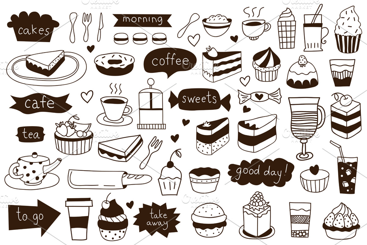 Hand drawn cafe icons + patterns, a Food Illustration by Redchocolate