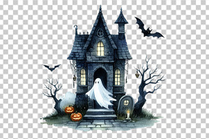 Watercolor Halloween Ghost House PNG