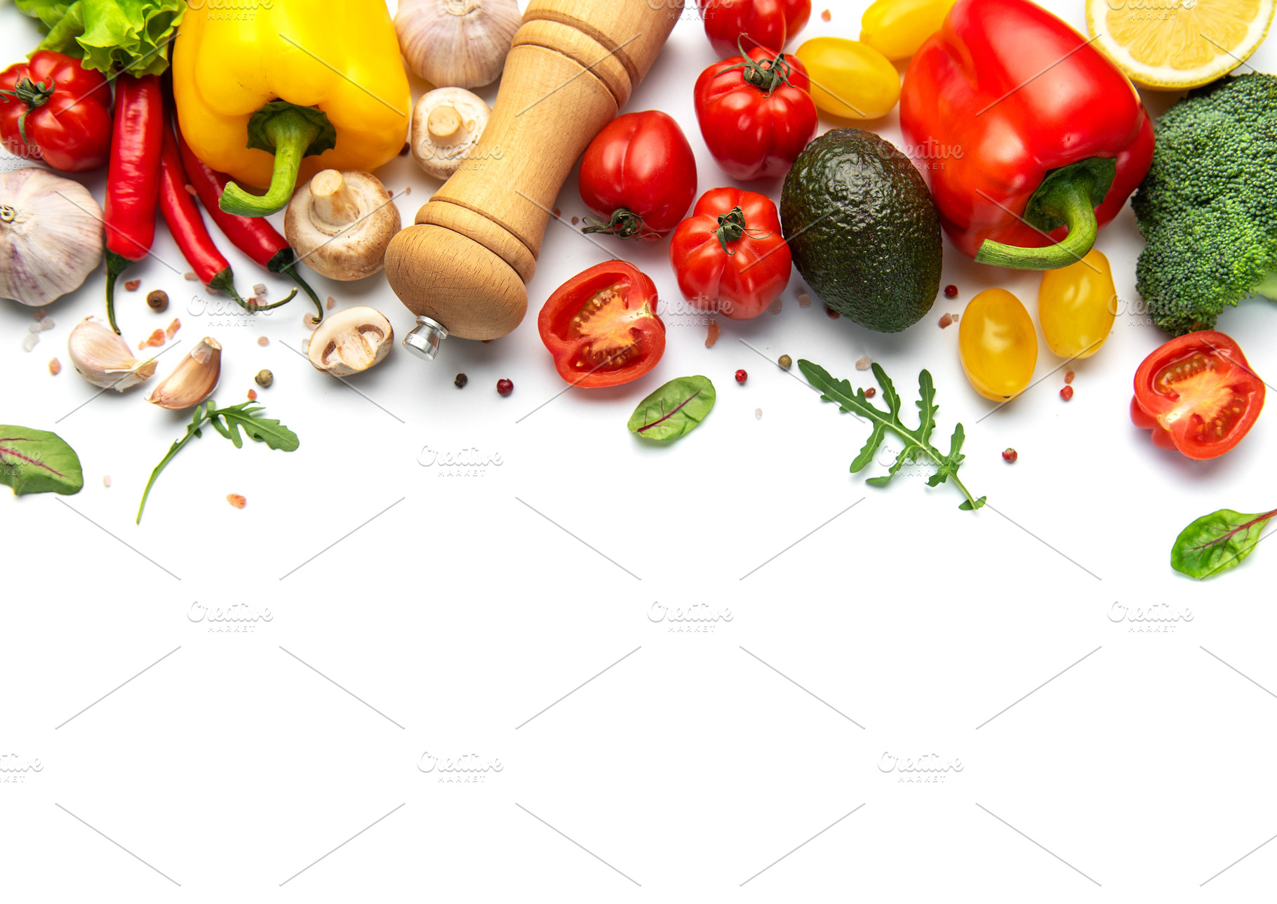 Fresh healthy cooking ingredients surrounding copy space, a Food & Drink Photo by Olena Rudo