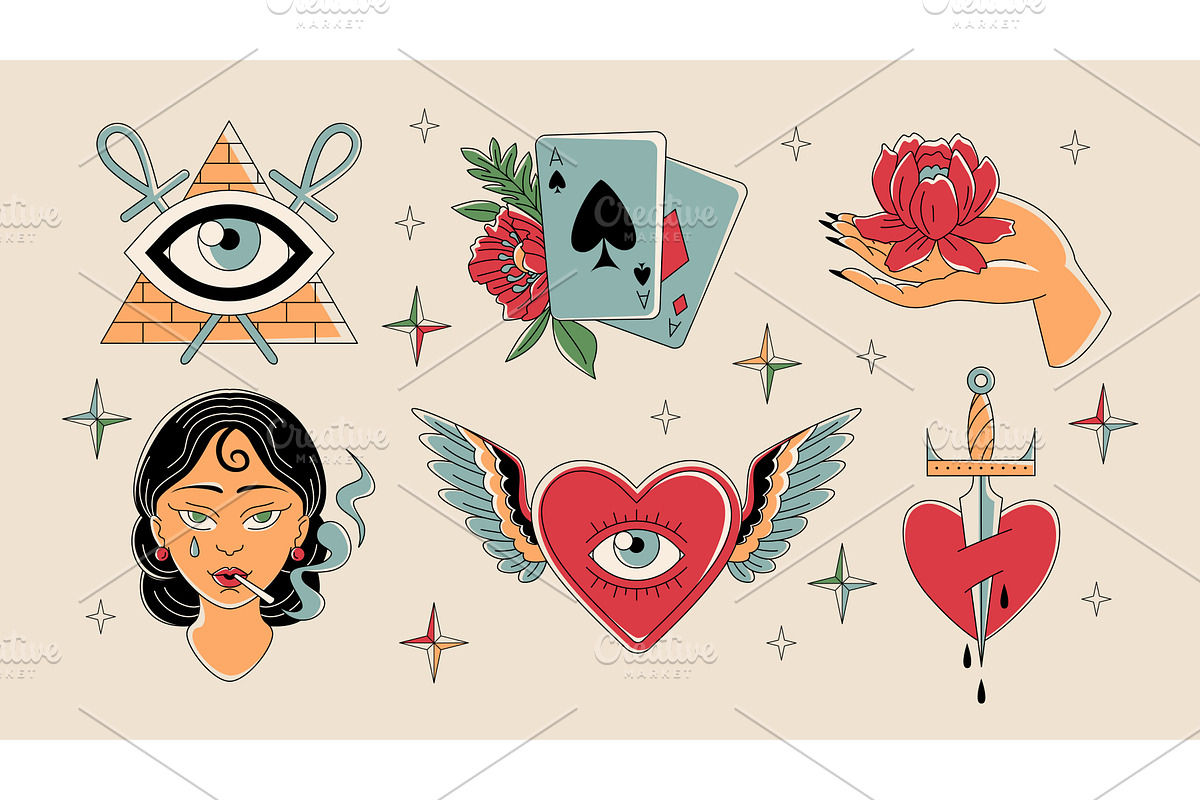 Colorful old school tattoo flash, an Object Illustration by art PVP - market