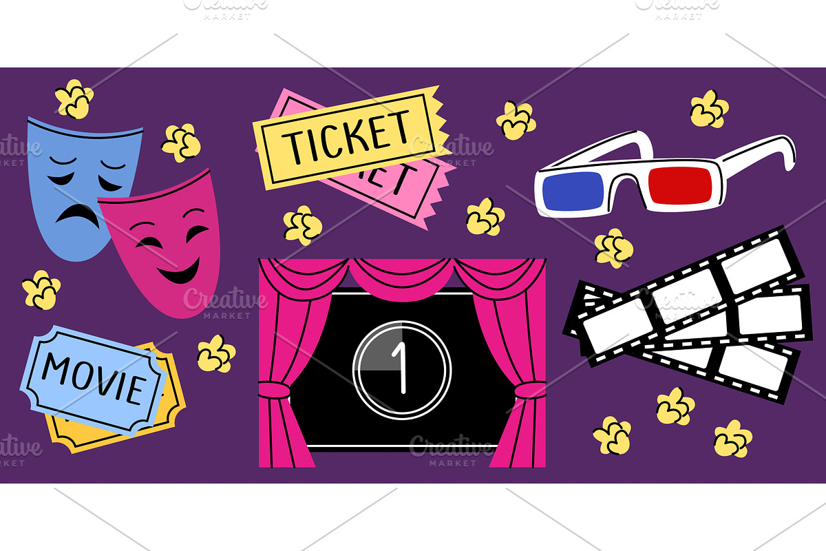 Cinema doodle set for film festival, an Illustration by art PVP - market