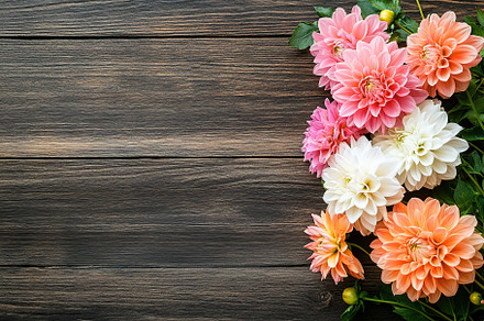 Vibrant pink, orange, and white dahlia flowers arranged on a dark wooden surfac, a Nature Photo by AlyaAnd