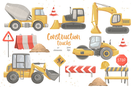 Construction Trucks Clipart, a Transportation Illustration by ArtGiftsStudio