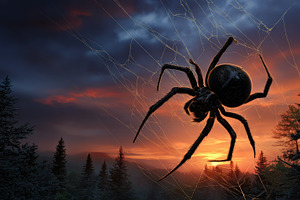 Giant Spider Sunset Web Forest Silho, a Photo by Pixeness Studio