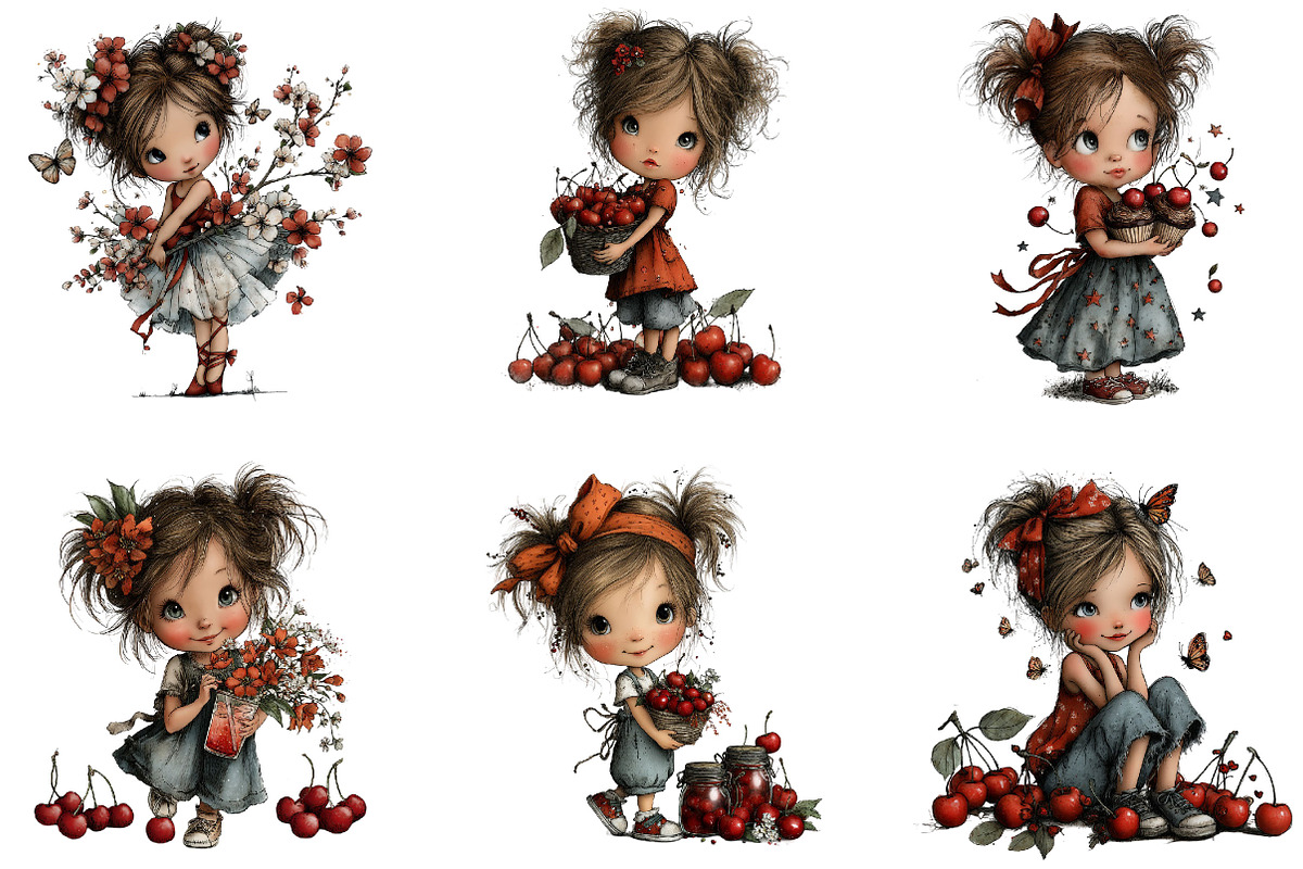 Cherry Girl Whimsical Clipart, a Person Illustration by Designking (Photo 3 of 5)