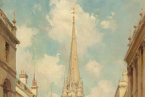 London city street on a cloudy day, showing historic spire, Vict, an Illustration by Studio ANNA