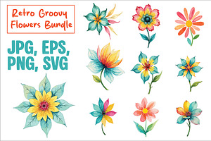 Retro Groovy Flowers Bundle, an Illustration by Amazin_art