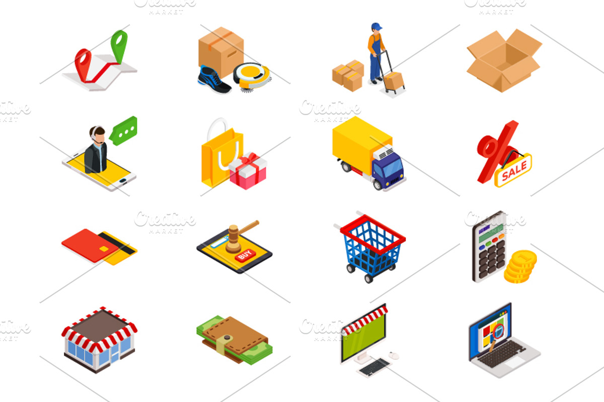 Online shopping - isometric items, an Outline Icon by NKuvshinov