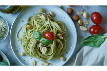 plate with hazelnut pesto spaghetti., a Food & Drink Photo by Neirfy