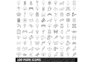 100 Park Icons Set, Outline Style