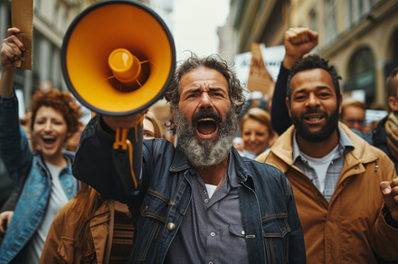 Diverse Group of People Protesting with Sign and Megaphone, a Photo by AS photostudio