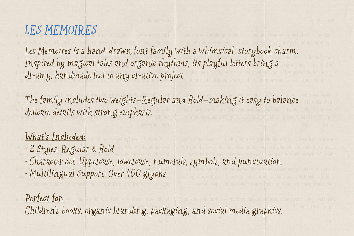 Les Memoires | Whimsical Font Family, a Handwritten Font by type peace (Photo 3 of 11)