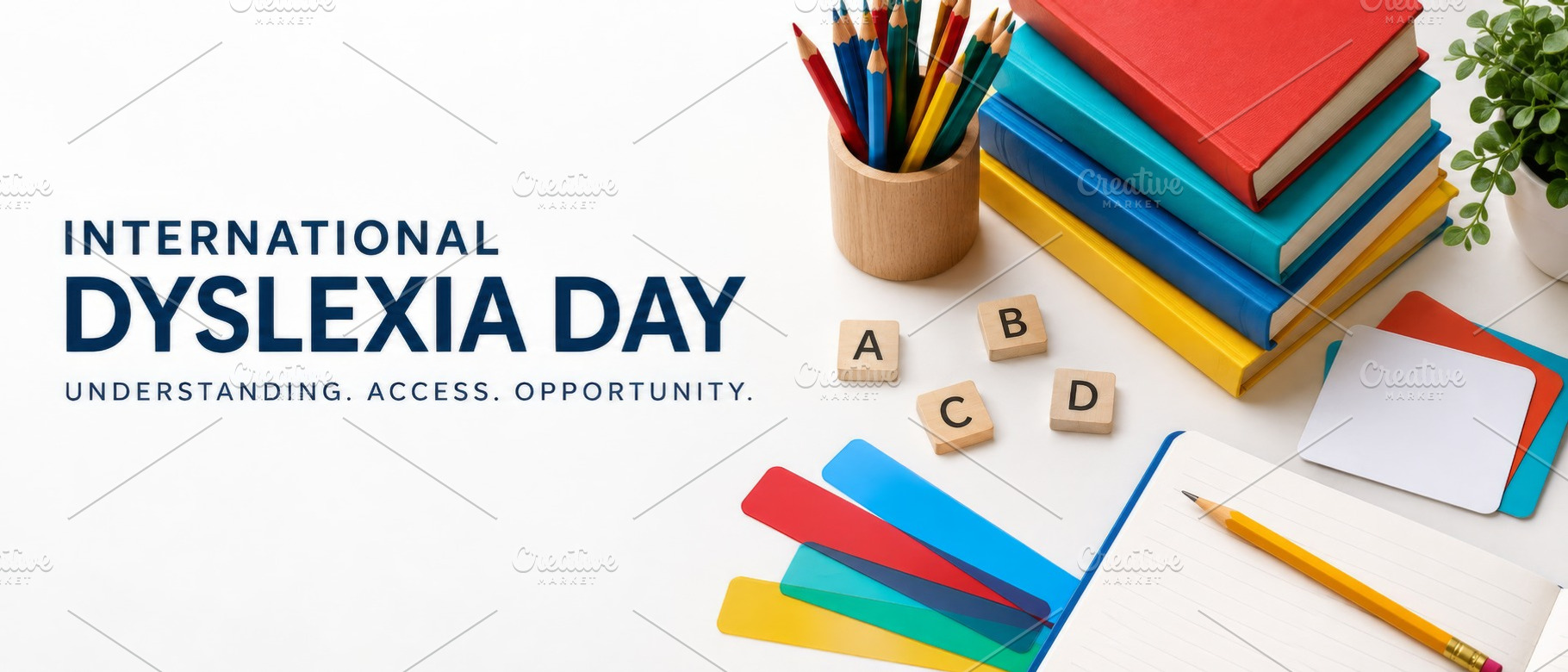 International Dyslexia Day educational banner with colorful penc, a Photo by Dvoevnore photos