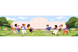 Kids play tug of war, pull rope, an Education Illustration by PaperTrident