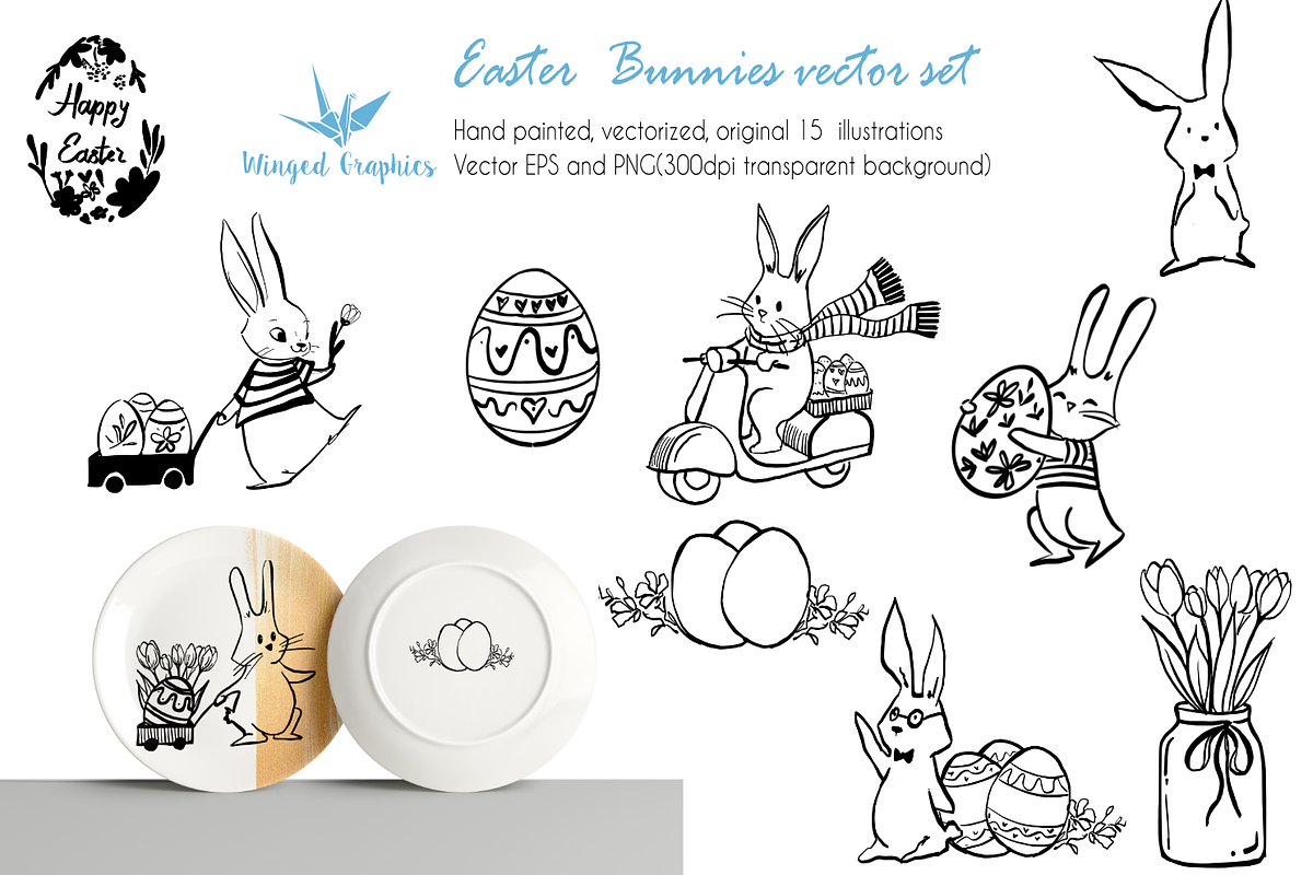 Easter bunnies : vector ink drawings, an Animal Illustration by Winged Graphics (Photo 2 of 4)