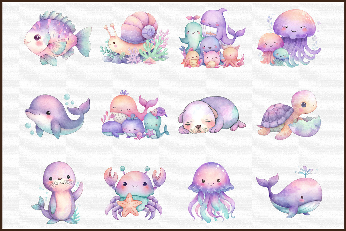 Cute Sea Animals Watercolor Clipart, an Animal Illustration by Sublimation Artist (Photo 3 of 6)