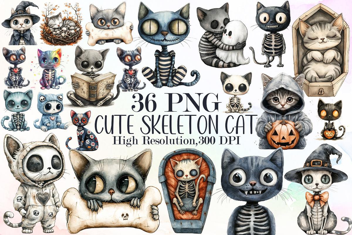 Cute Skeleton Cat Clipart, an Illustration by Sublimation Artist (Photo 1 of 6)