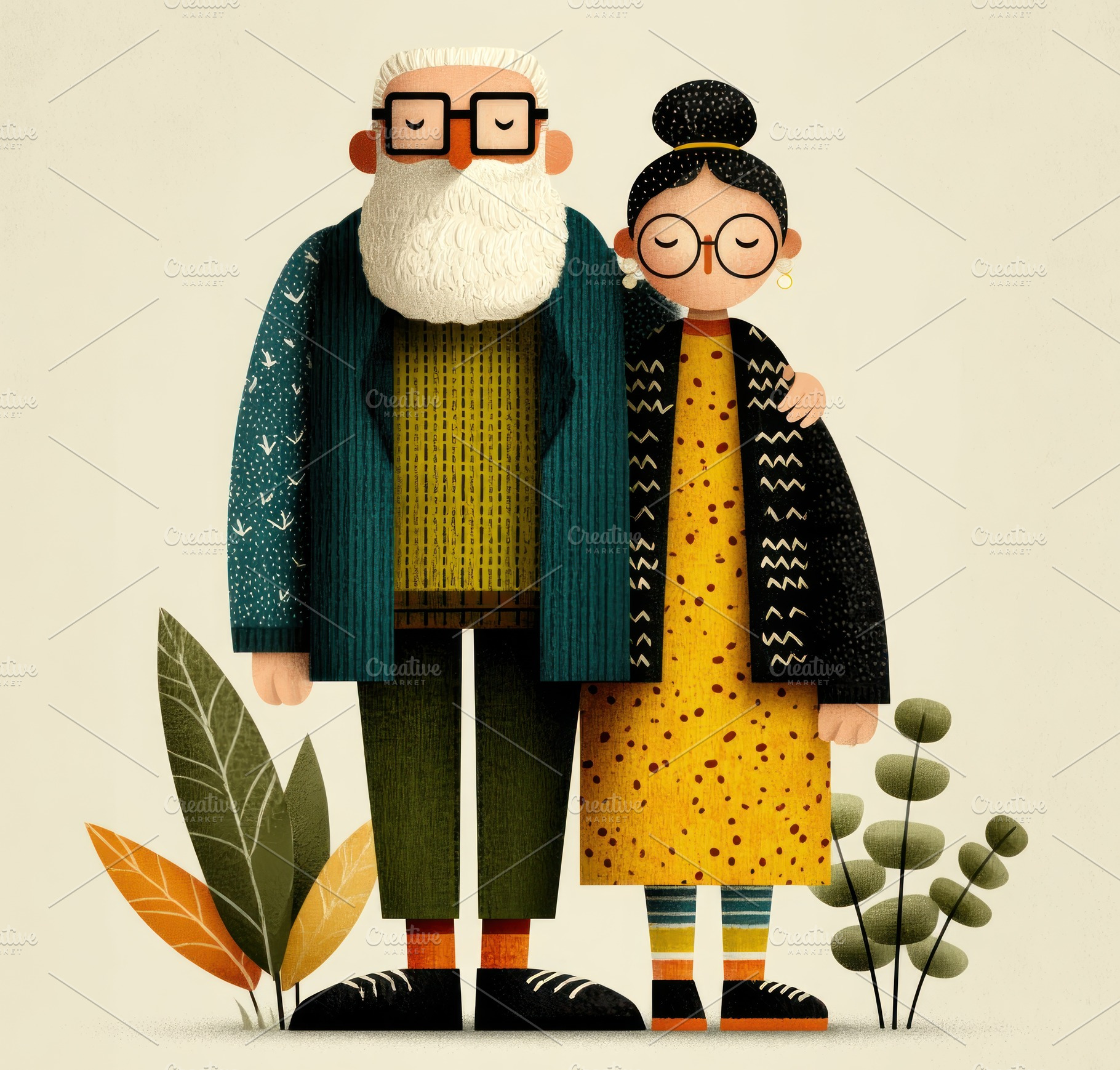 Charming Folk Illustration of Elderly Couple Standing Together w, a Food & Drink Photo by José Manuel Gelpi