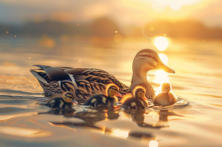 Duck and ducklings swimming into the pond, an Animal Photo by AlyaAnd