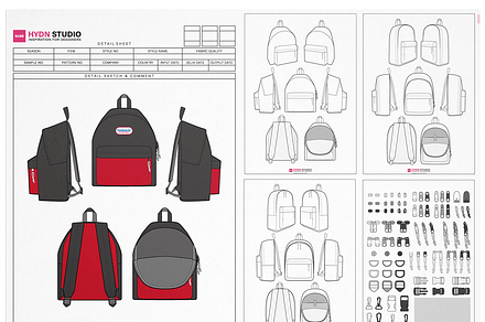 Backpack Design Flat Sketch Set