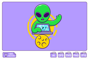 Cute Alien Playing Laptop Cartoon, a Work Illustration by Artstorystudio