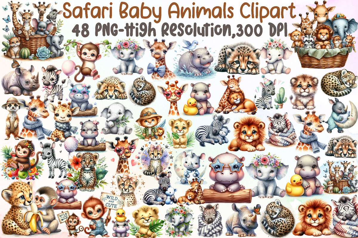 Watercolor Safari Baby Animals Clipa, an Illustration by Sublimation Artist (Photo 1 of 6)