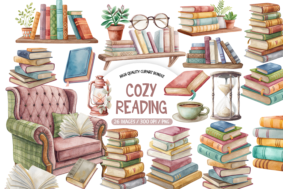 Book Lover Watercolor Clipart, an Object Illustration by TatiMockup (Photo 1 of 4)