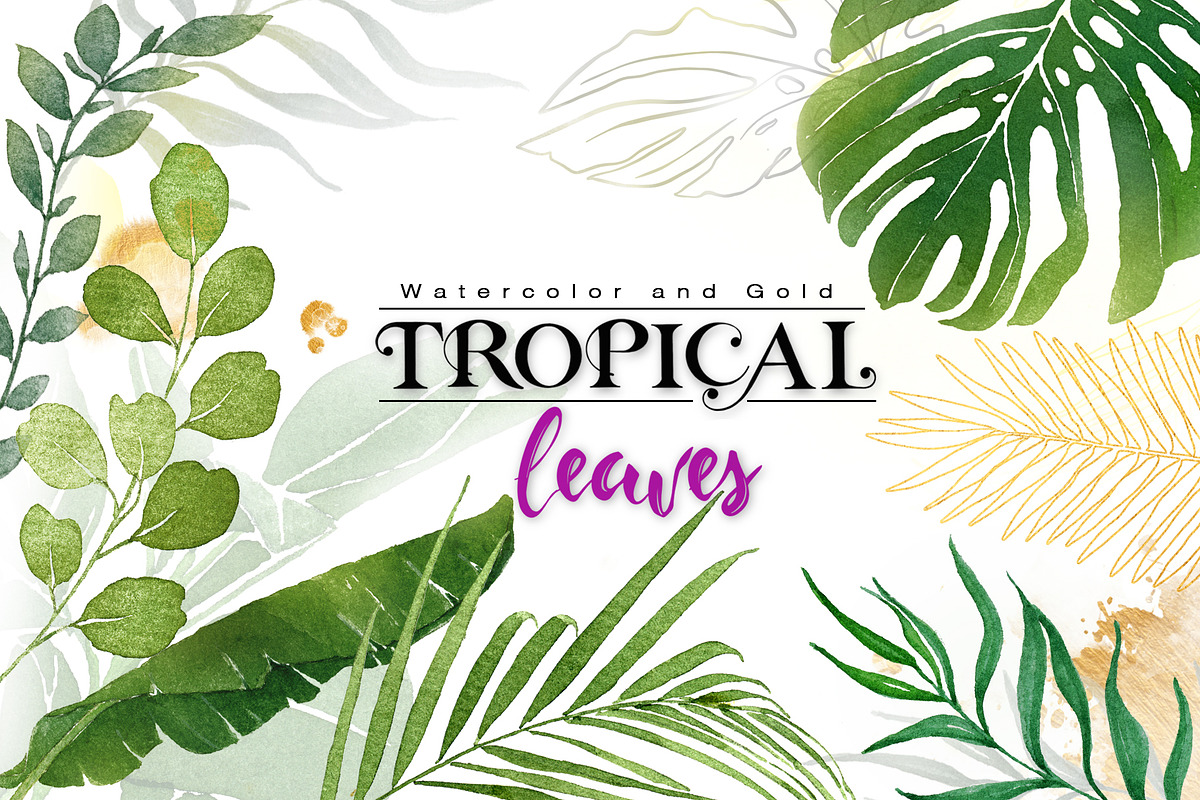 Watercolor & Gold Tropical Leaves, an Object Illustration by Papatongartist (Photo 1 of 10)