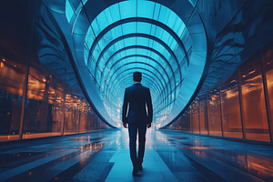 A silhouette of a man in a suit walking through a futuristic, illuminated corri, a Person Photo by Textures & Backgrounds
