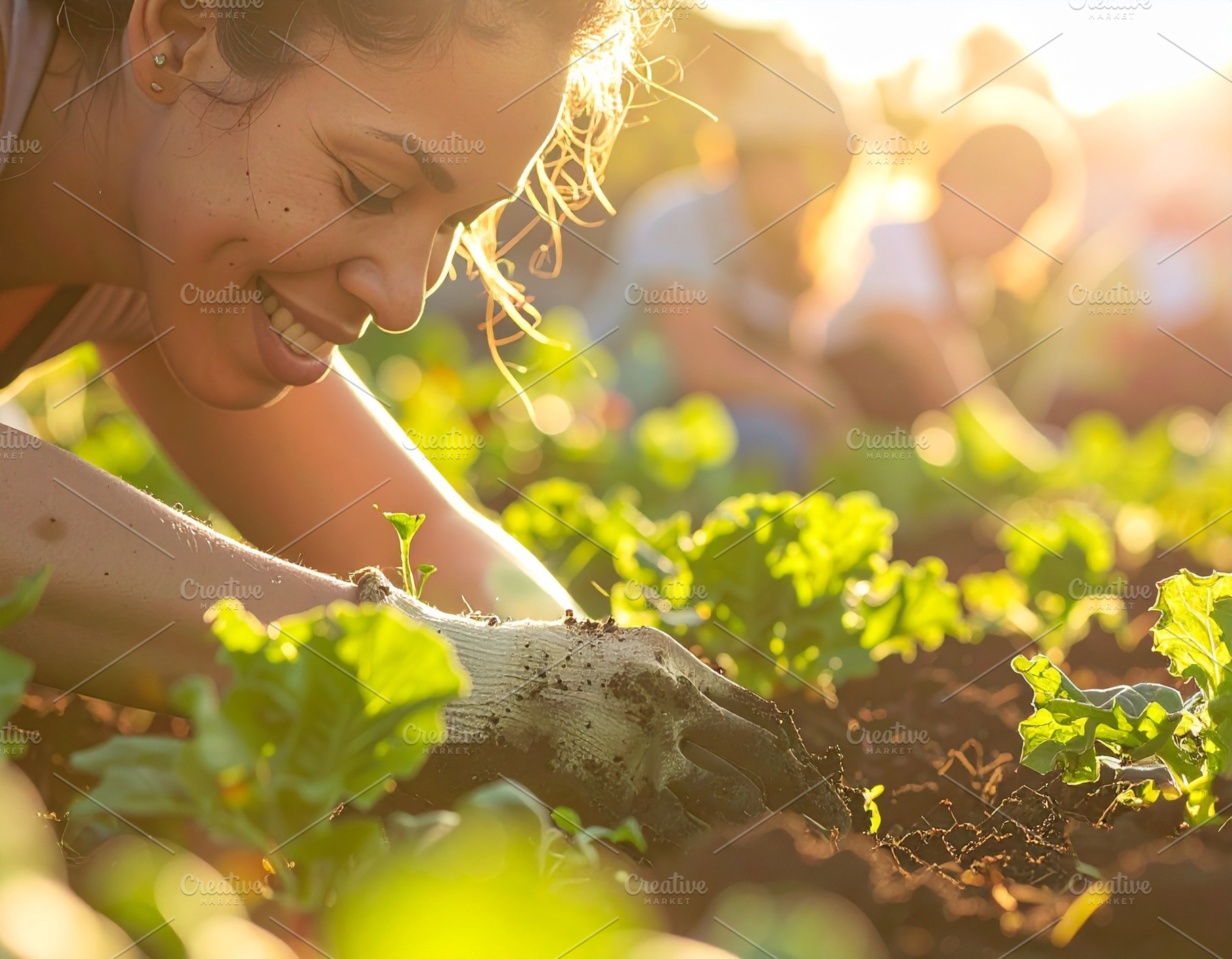 Woman with joyful expression working in a community garden, a Person Photo by DanFLCreativo