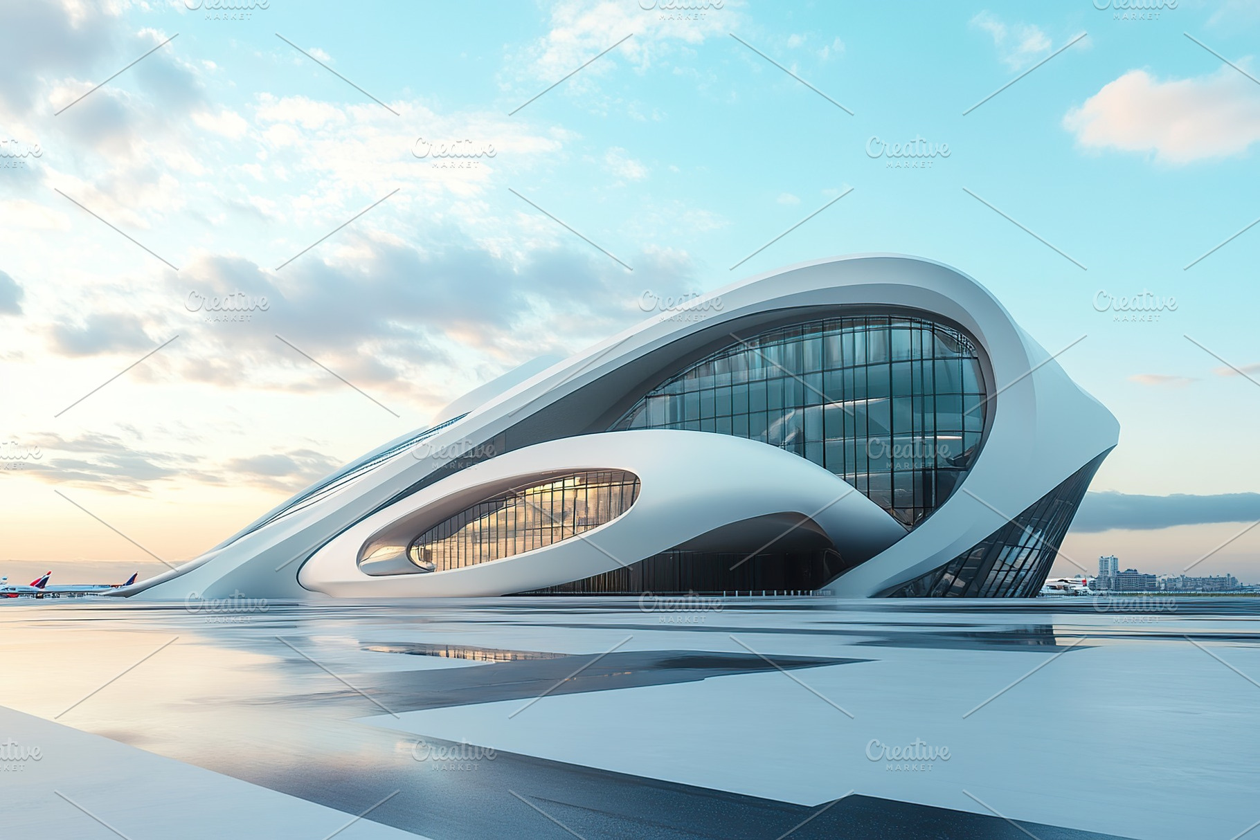 Beautiful futuristic facade of airport building, an Architecture Photo by AlyaAnd