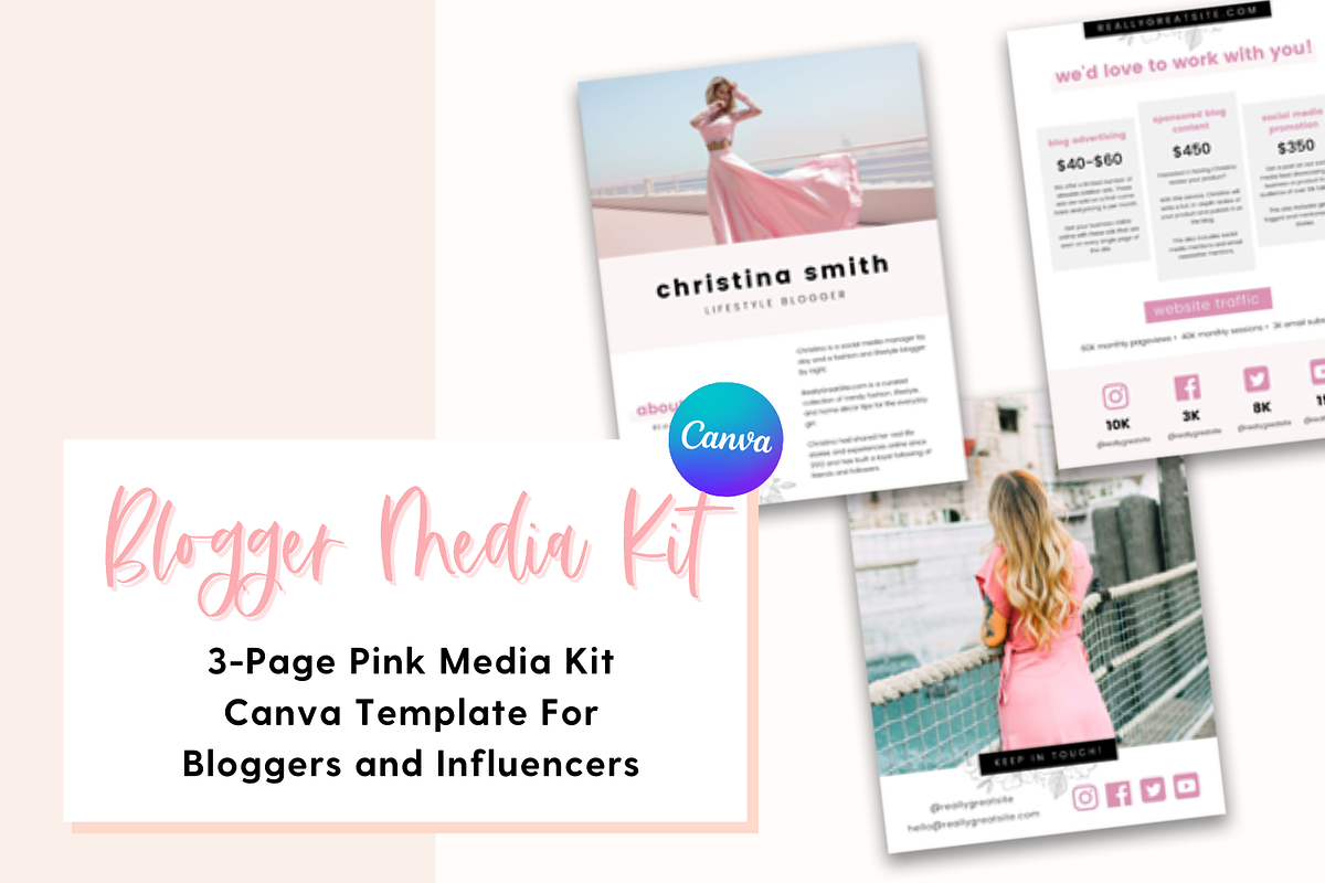 3-Page Pink Media Kit Canva Template, a Presentation Template by The Template Lounge (Photo 1 of 4)