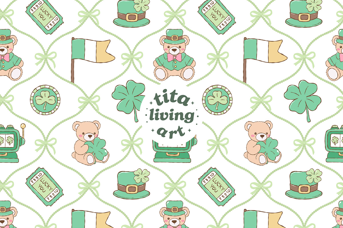Lucky Teddy Bear Seamless Pattern, a Seasonal Illustration by TitaLivingArt (Photo 1 of 13)