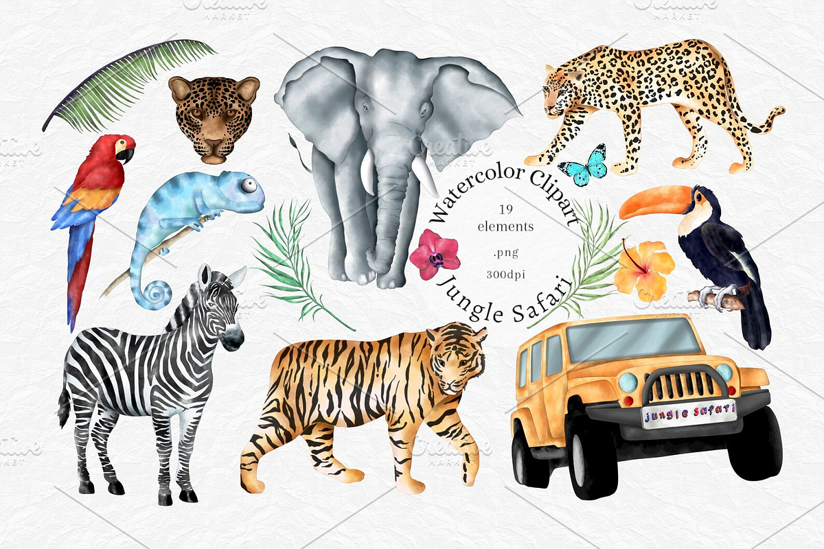 Watercolor Summer Safari Clipart Set, an Animal Illustration by MiracleArtAndDesign (Photo 1 of 3)
