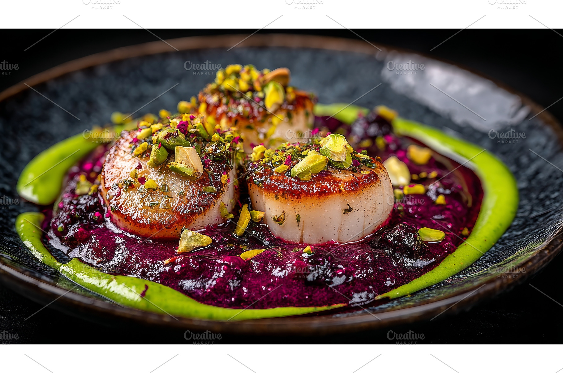 A gourmet dish featuring seared, a Food & Drink Photo by ZinetroN